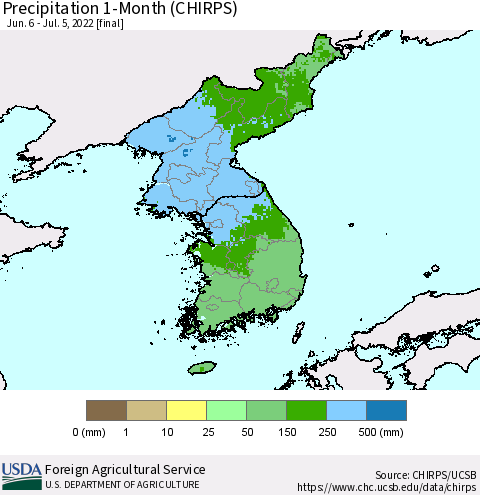 Korea Precipitation 1-Month (CHIRPS) Thematic Map For 6/6/2022 - 7/5/2022