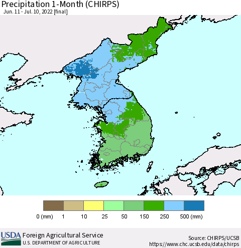 Korea Precipitation 1-Month (CHIRPS) Thematic Map For 6/11/2022 - 7/10/2022