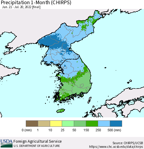 Korea Precipitation 1-Month (CHIRPS) Thematic Map For 6/21/2022 - 7/20/2022