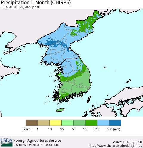 Korea Precipitation 1-Month (CHIRPS) Thematic Map For 6/26/2022 - 7/25/2022