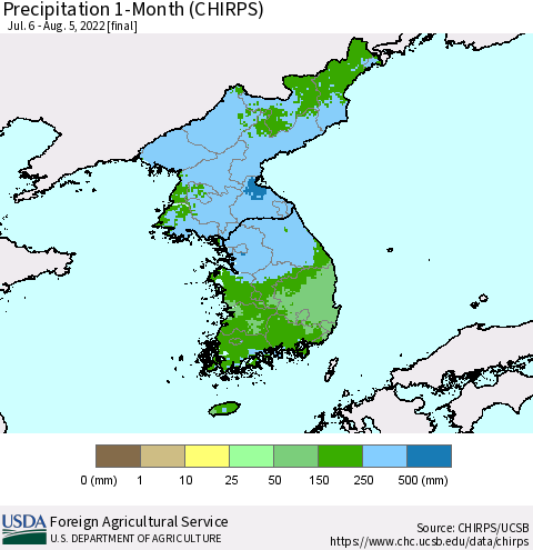 Korea Precipitation 1-Month (CHIRPS) Thematic Map For 7/6/2022 - 8/5/2022
