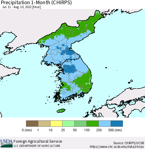 Korea Precipitation 1-Month (CHIRPS) Thematic Map For 7/11/2022 - 8/10/2022