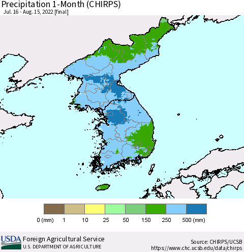 Korea Precipitation 1-Month (CHIRPS) Thematic Map For 7/16/2022 - 8/15/2022