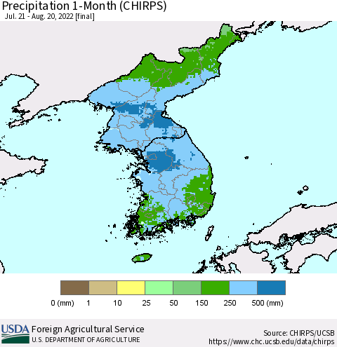 Korea Precipitation 1-Month (CHIRPS) Thematic Map For 7/21/2022 - 8/20/2022