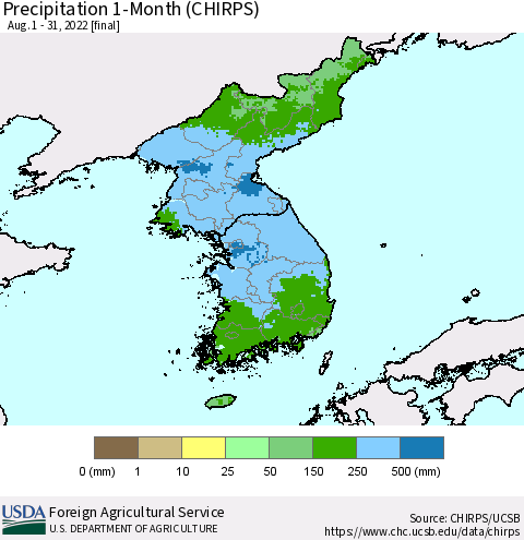 Korea Precipitation 1-Month (CHIRPS) Thematic Map For 8/1/2022 - 8/31/2022