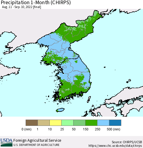 Korea Precipitation 1-Month (CHIRPS) Thematic Map For 8/11/2022 - 9/10/2022