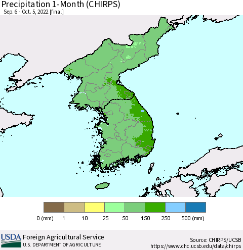 Korea Precipitation 1-Month (CHIRPS) Thematic Map For 9/6/2022 - 10/5/2022