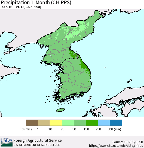 Korea Precipitation 1-Month (CHIRPS) Thematic Map For 9/16/2022 - 10/15/2022