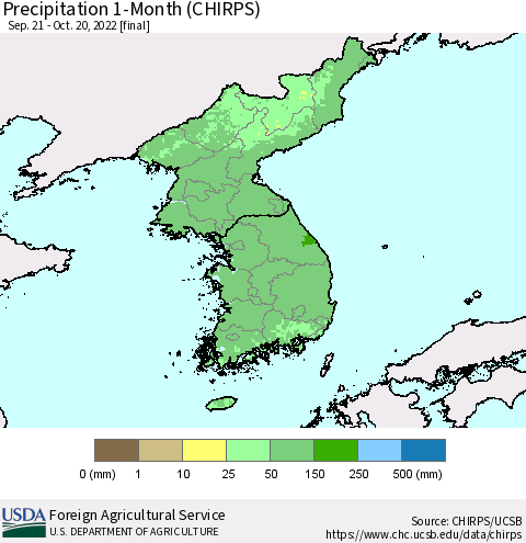 Korea Precipitation 1-Month (CHIRPS) Thematic Map For 9/21/2022 - 10/20/2022