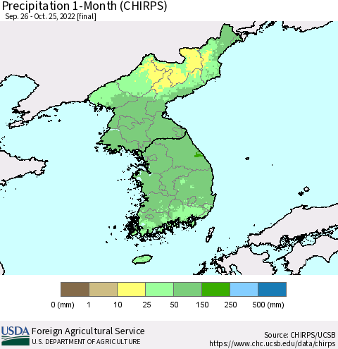 Korea Precipitation 1-Month (CHIRPS) Thematic Map For 9/26/2022 - 10/25/2022
