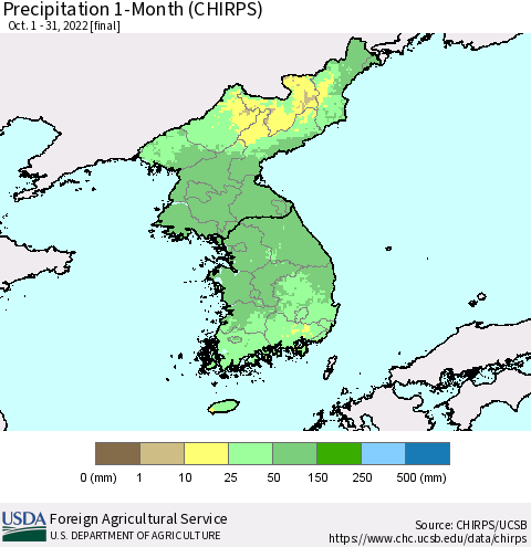 Korea Precipitation 1-Month (CHIRPS) Thematic Map For 10/1/2022 - 10/31/2022