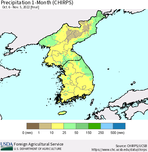Korea Precipitation 1-Month (CHIRPS) Thematic Map For 10/6/2022 - 11/5/2022