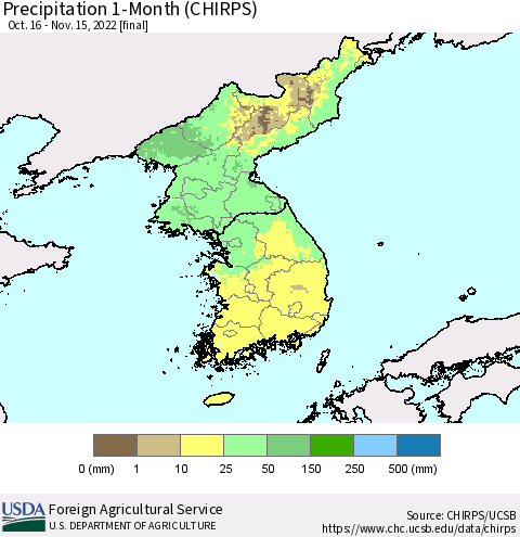 Korea Precipitation 1-Month (CHIRPS) Thematic Map For 10/16/2022 - 11/15/2022