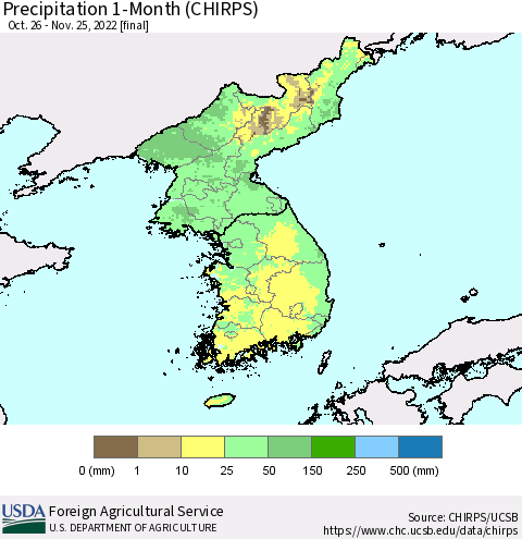 Korea Precipitation 1-Month (CHIRPS) Thematic Map For 10/26/2022 - 11/25/2022