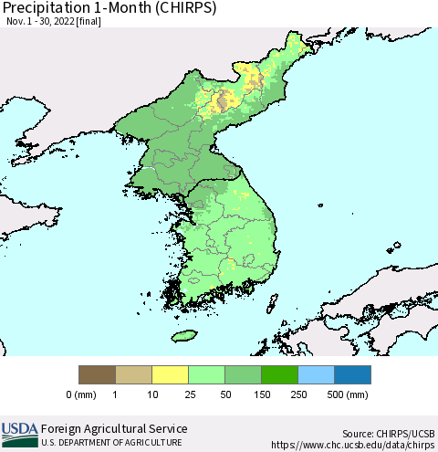 Korea Precipitation 1-Month (CHIRPS) Thematic Map For 11/1/2022 - 11/30/2022