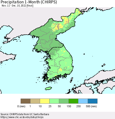 Korea Precipitation 1-Month (CHIRPS) Thematic Map For 11/11/2022 - 12/10/2022