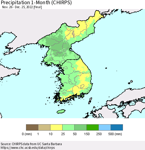 Korea Precipitation 1-Month (CHIRPS) Thematic Map For 11/26/2022 - 12/25/2022
