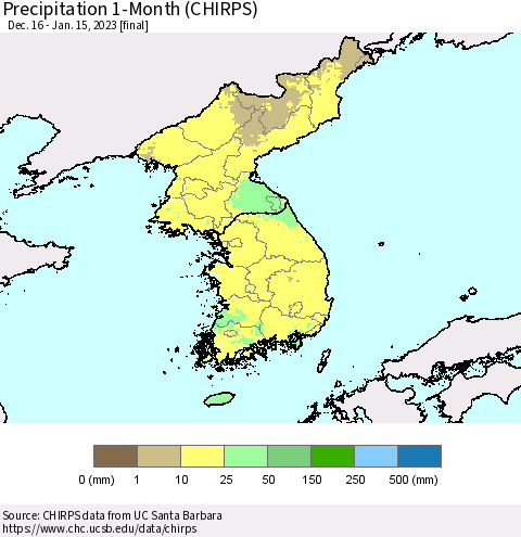 Korea Precipitation 1-Month (CHIRPS) Thematic Map For 12/16/2022 - 1/15/2023