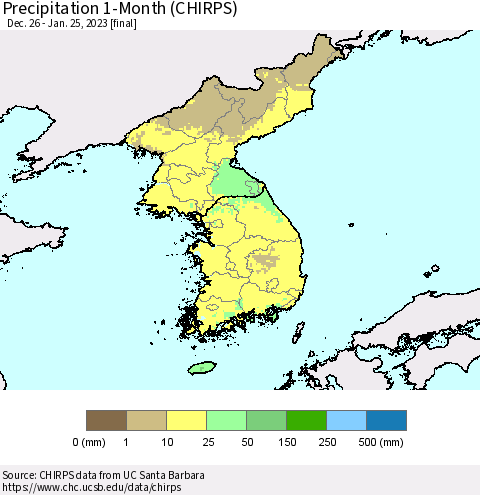 Korea Precipitation 1-Month (CHIRPS) Thematic Map For 12/26/2022 - 1/25/2023