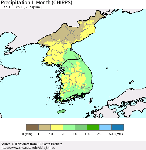 Korea Precipitation 1-Month (CHIRPS) Thematic Map For 1/11/2023 - 2/10/2023