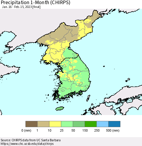 Korea Precipitation 1-Month (CHIRPS) Thematic Map For 1/16/2023 - 2/15/2023