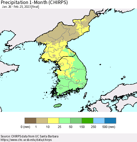 Korea Precipitation 1-Month (CHIRPS) Thematic Map For 1/26/2023 - 2/25/2023
