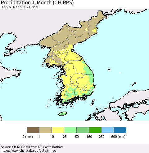 Korea Precipitation 1-Month (CHIRPS) Thematic Map For 2/6/2023 - 3/5/2023