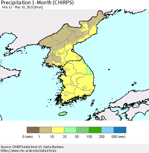 Korea Precipitation 1-Month (CHIRPS) Thematic Map For 2/11/2023 - 3/10/2023