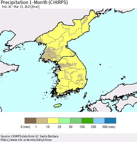 Korea Precipitation 1-Month (CHIRPS) Thematic Map For 2/16/2023 - 3/15/2023