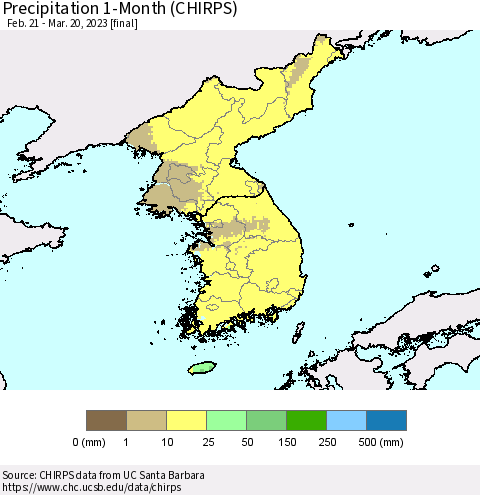 Korea Precipitation 1-Month (CHIRPS) Thematic Map For 2/21/2023 - 3/20/2023