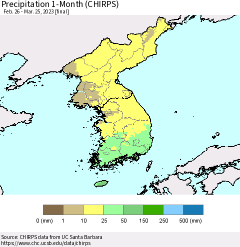 Korea Precipitation 1-Month (CHIRPS) Thematic Map For 2/26/2023 - 3/25/2023