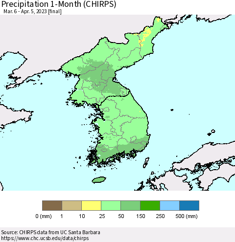 Korea Precipitation 1-Month (CHIRPS) Thematic Map For 3/6/2023 - 4/5/2023