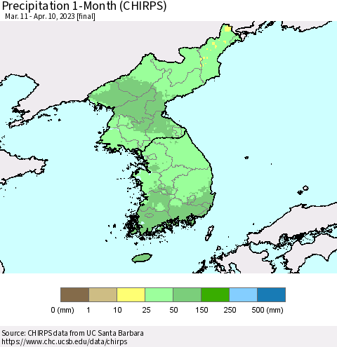 Korea Precipitation 1-Month (CHIRPS) Thematic Map For 3/11/2023 - 4/10/2023