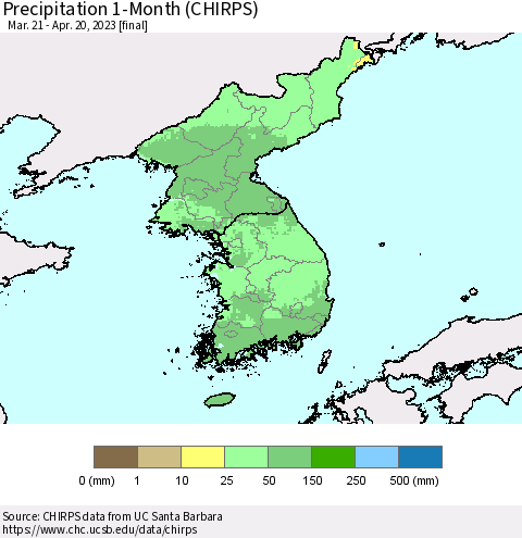 Korea Precipitation 1-Month (CHIRPS) Thematic Map For 3/21/2023 - 4/20/2023