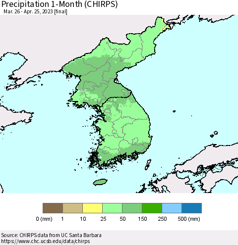 Korea Precipitation 1-Month (CHIRPS) Thematic Map For 3/26/2023 - 4/25/2023