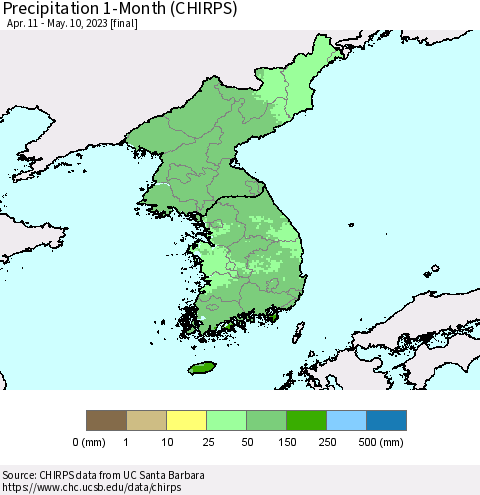 Korea Precipitation 1-Month (CHIRPS) Thematic Map For 4/11/2023 - 5/10/2023