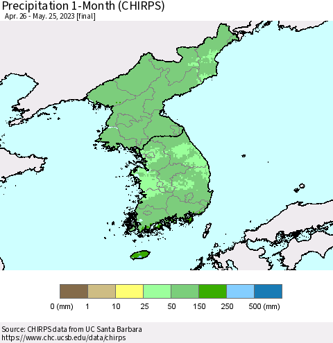 Korea Precipitation 1-Month (CHIRPS) Thematic Map For 4/26/2023 - 5/25/2023