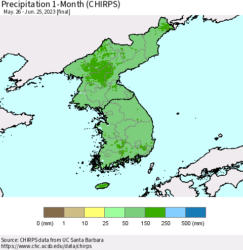 Korea Precipitation 1-Month (CHIRPS) Thematic Map For 5/26/2023 - 6/25/2023