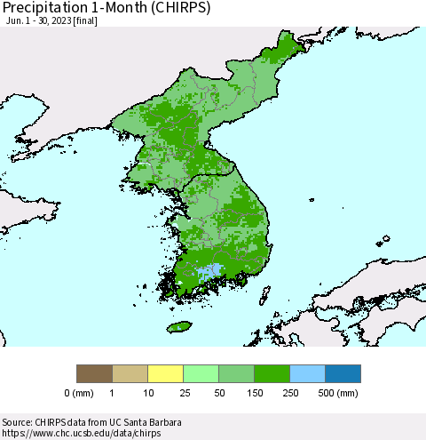 Korea Precipitation 1-Month (CHIRPS) Thematic Map For 6/1/2023 - 6/30/2023