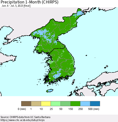 Korea Precipitation 1-Month (CHIRPS) Thematic Map For 6/6/2023 - 7/5/2023