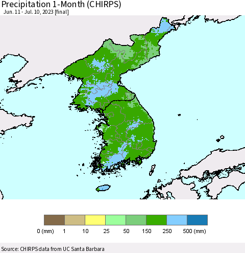 Korea Precipitation 1-Month (CHIRPS) Thematic Map For 6/11/2023 - 7/10/2023