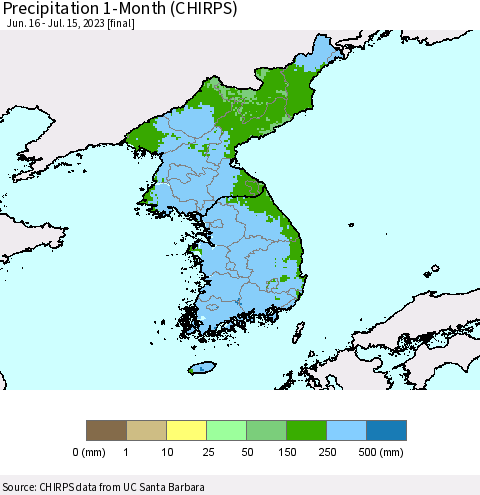 Korea Precipitation 1-Month (CHIRPS) Thematic Map For 6/16/2023 - 7/15/2023