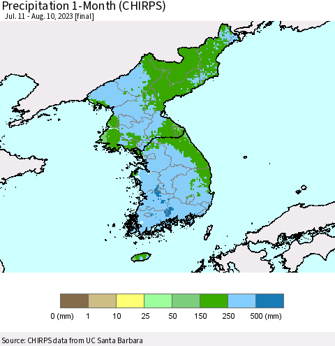 Korea Precipitation 1-Month (CHIRPS) Thematic Map For 7/11/2023 - 8/10/2023