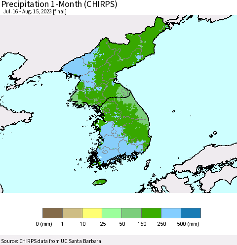 Korea Precipitation 1-Month (CHIRPS) Thematic Map For 7/16/2023 - 8/15/2023