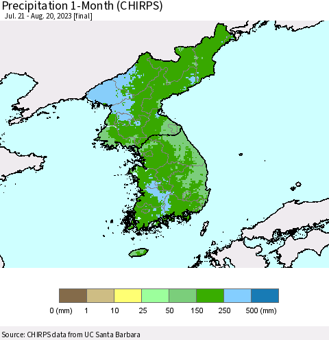 Korea Precipitation 1-Month (CHIRPS) Thematic Map For 7/21/2023 - 8/20/2023