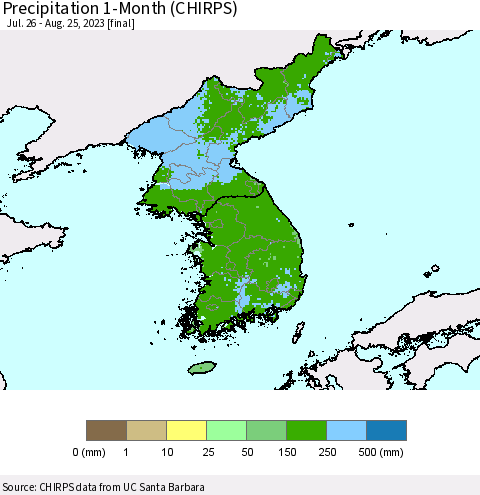 Korea Precipitation 1-Month (CHIRPS) Thematic Map For 7/26/2023 - 8/25/2023