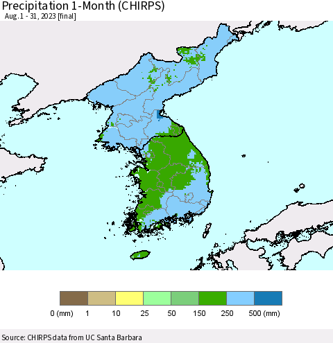 Korea Precipitation 1-Month (CHIRPS) Thematic Map For 8/1/2023 - 8/31/2023