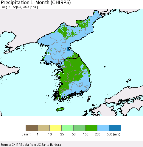 Korea Precipitation 1-Month (CHIRPS) Thematic Map For 8/6/2023 - 9/5/2023