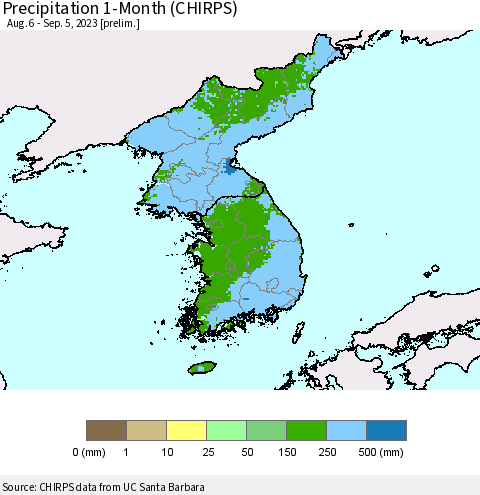 Korea Precipitation 1-Month (CHIRPS) Thematic Map For 8/6/2023 - 9/5/2023