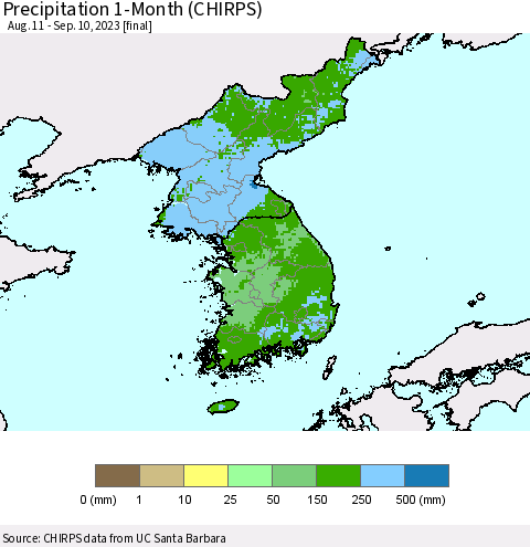 Korea Precipitation 1-Month (CHIRPS) Thematic Map For 8/11/2023 - 9/10/2023